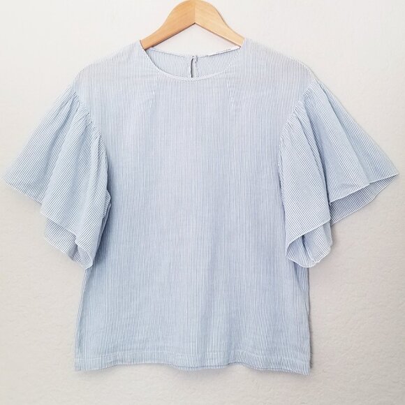 Pomandere Flutter Sleeve Top Blue Stripe 2 Cotton Hemp Blend Airy Lightweight - Picture 5 of 16